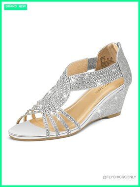 PIZZ ANNU Diana Low Wedge Sandals Sparkly Rhinestone Open Toe Dress Shoes